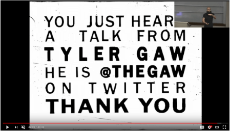 A screenshot of a YouTube video of my talk on Building OS X Apps with JavaScript at JerseyScript November 2014.